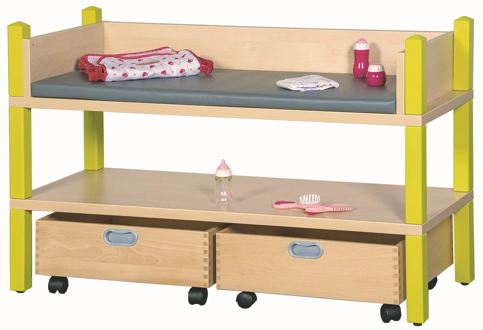 Puppen-Wickelplatz mit Massivholz-Rollkästen