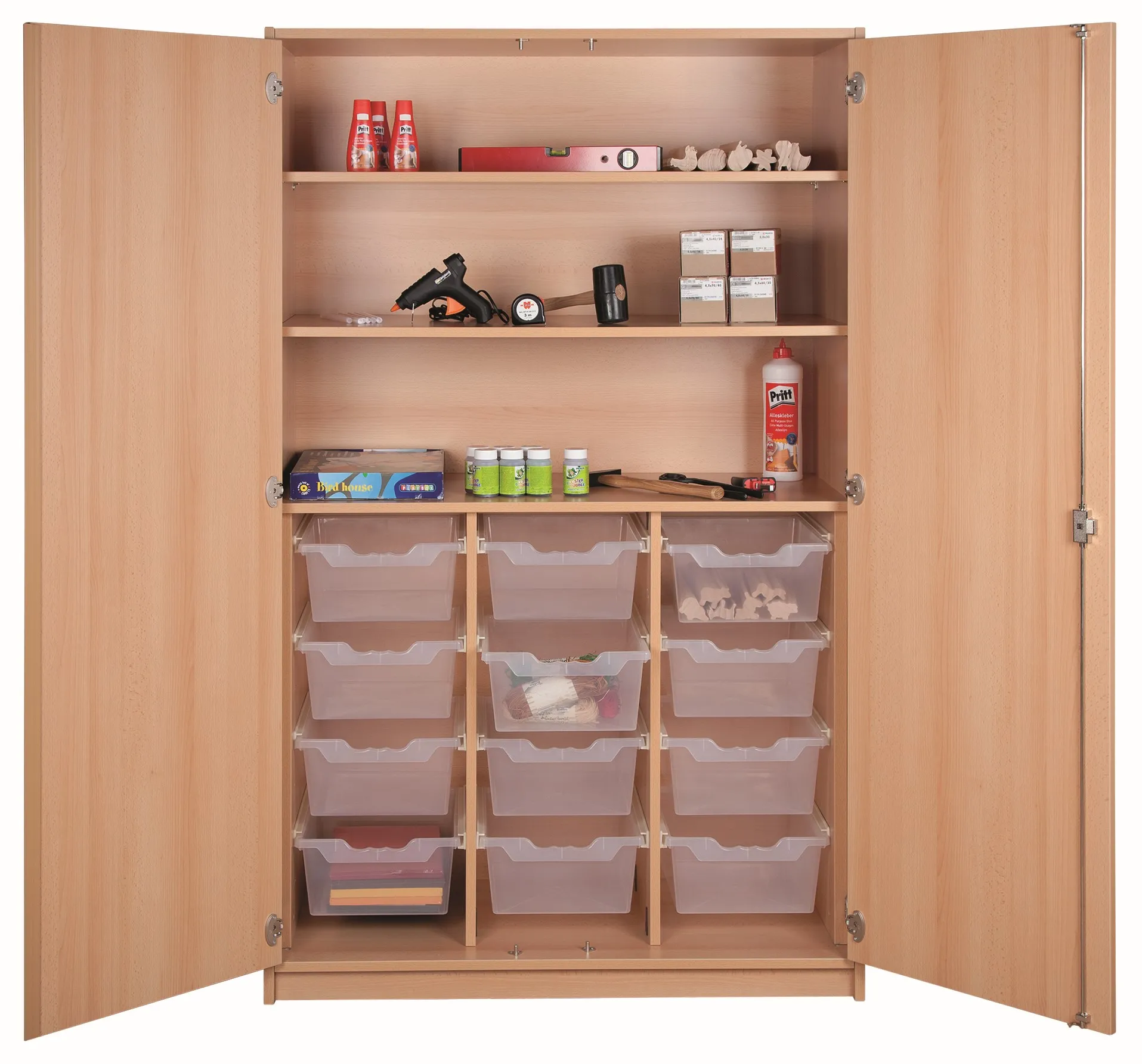 Werkschrank mit ErgoTray Boxen und verstellbaren Einlegeböden