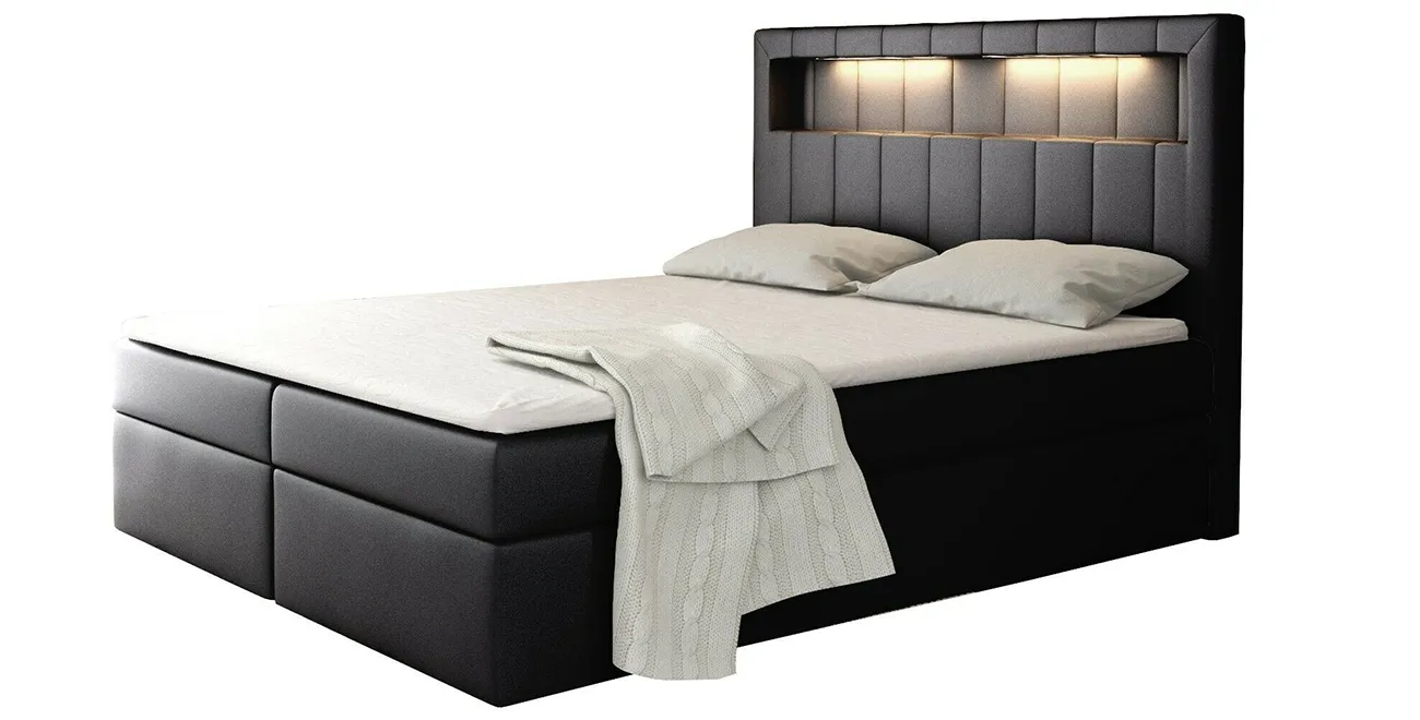Boxspringbett ALPINA 160x200 Hotelbett Mit Zwei Bettkasten Und LED-Beleuchtung Kontinentales Bett