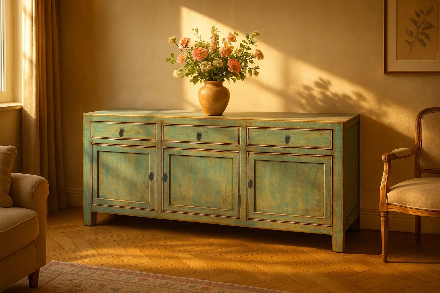 Sideboard, 3 Schubladen, 3 Türen, blau, B 175 cm, H 85 cm, L 42 cm