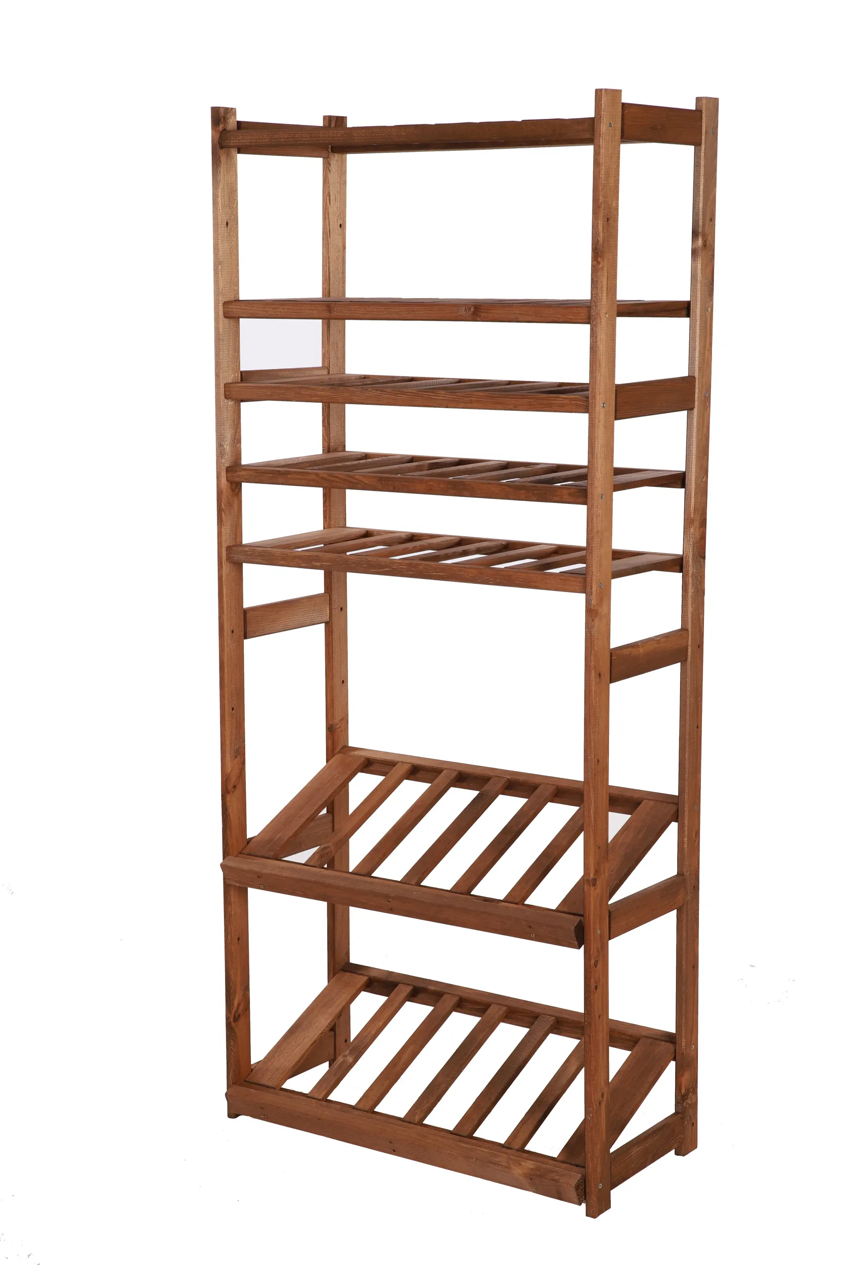 Getränkekisten- & Weinregal SPREEWALD | HxBxT 163x70x33cm | 18 Flaschen auf 3 Ebenen + 2 Ebenen für Kisten + 2 Ablagen | Massives Kiefernholz | Braun geölt