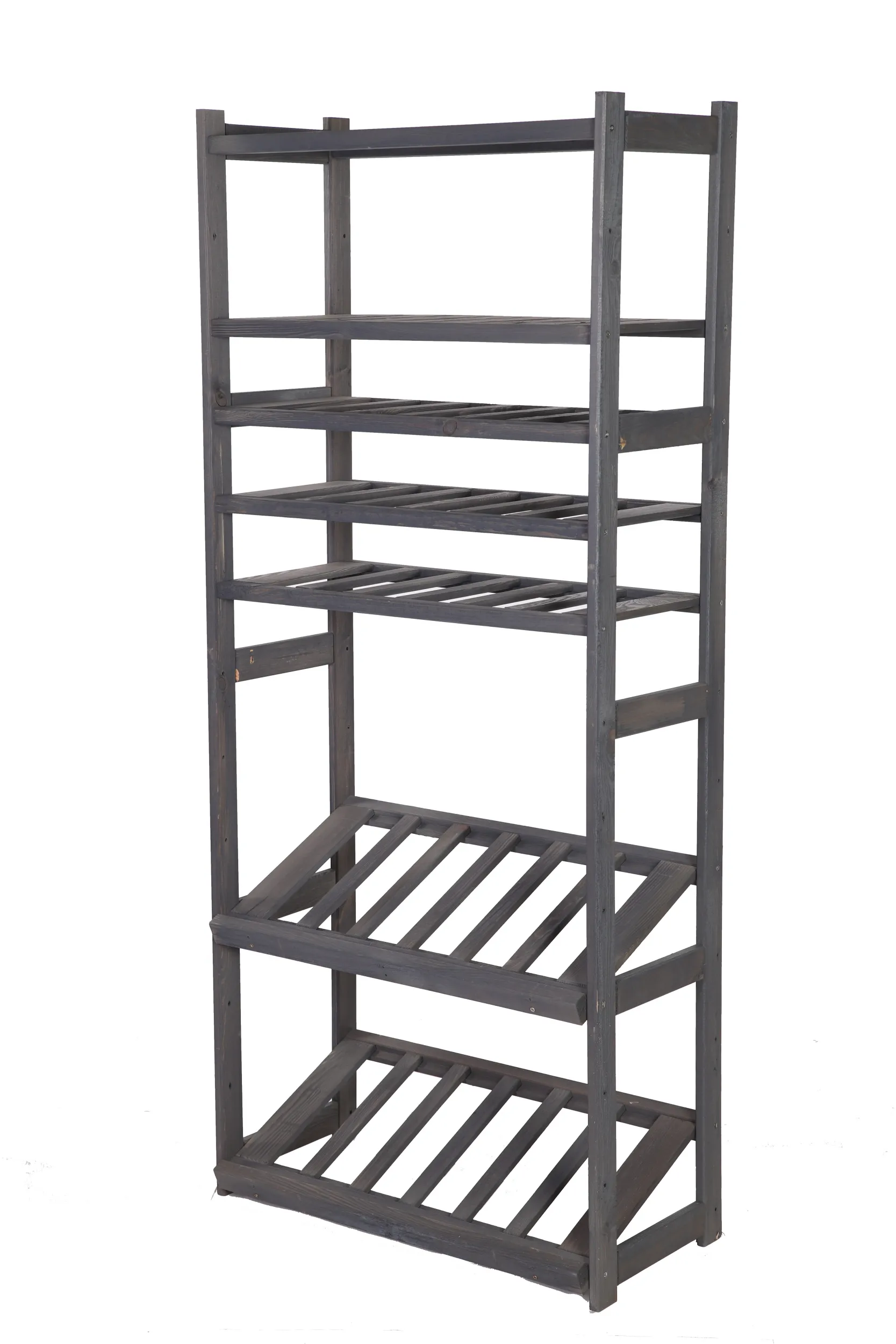 Getränkekisten- & Weinregal SPREEWALD | HxBxT 163x70x33cm | 18 Flaschen auf 3 Ebenen + 2 Ebenen für Kisten + 2 Ablagen | Massives Kiefernholz | Grau geölt