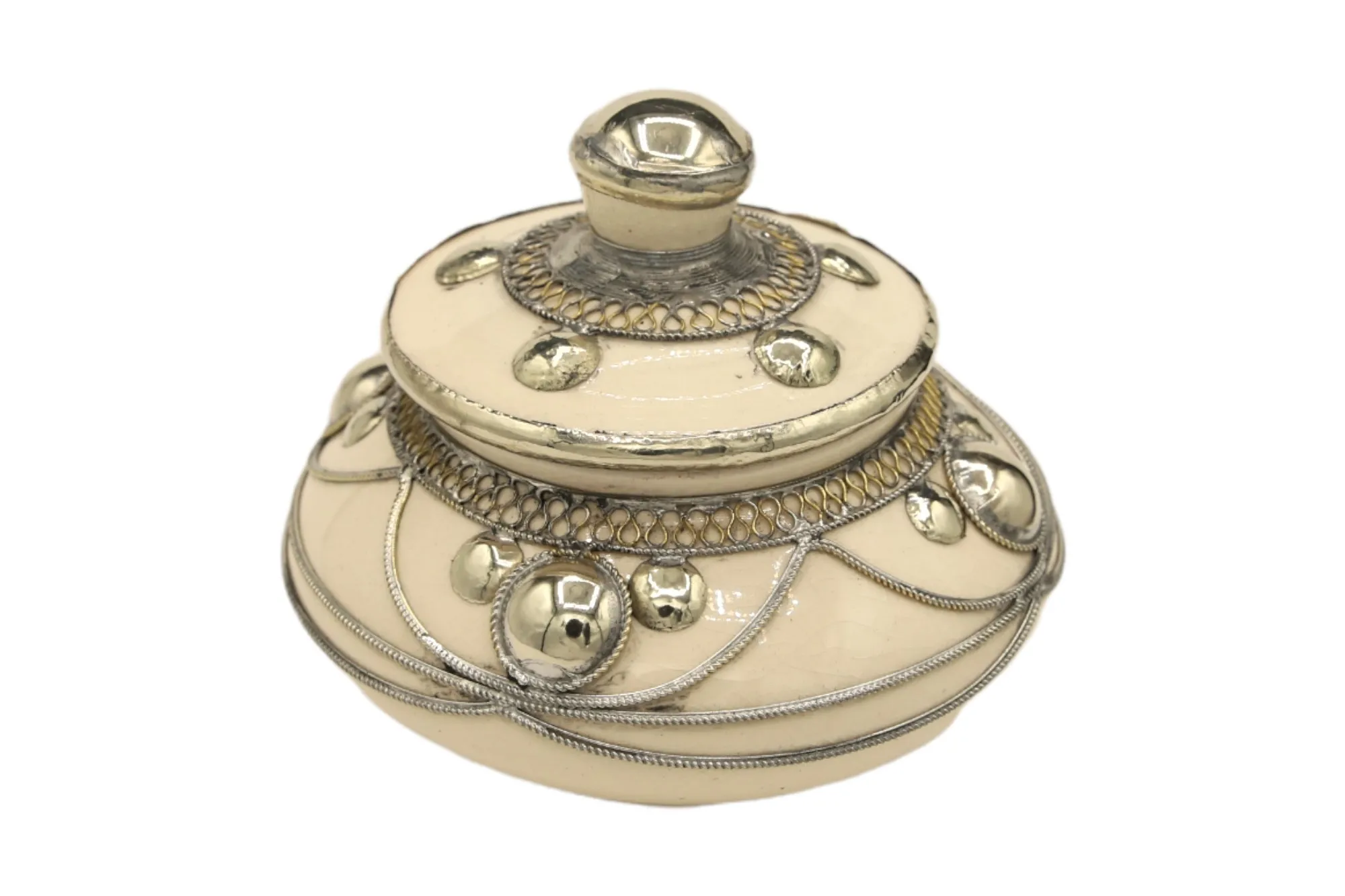 Zierdose mit Metallverzierung flach, creme, T 10 cm, B 10 cm, H 10 cm