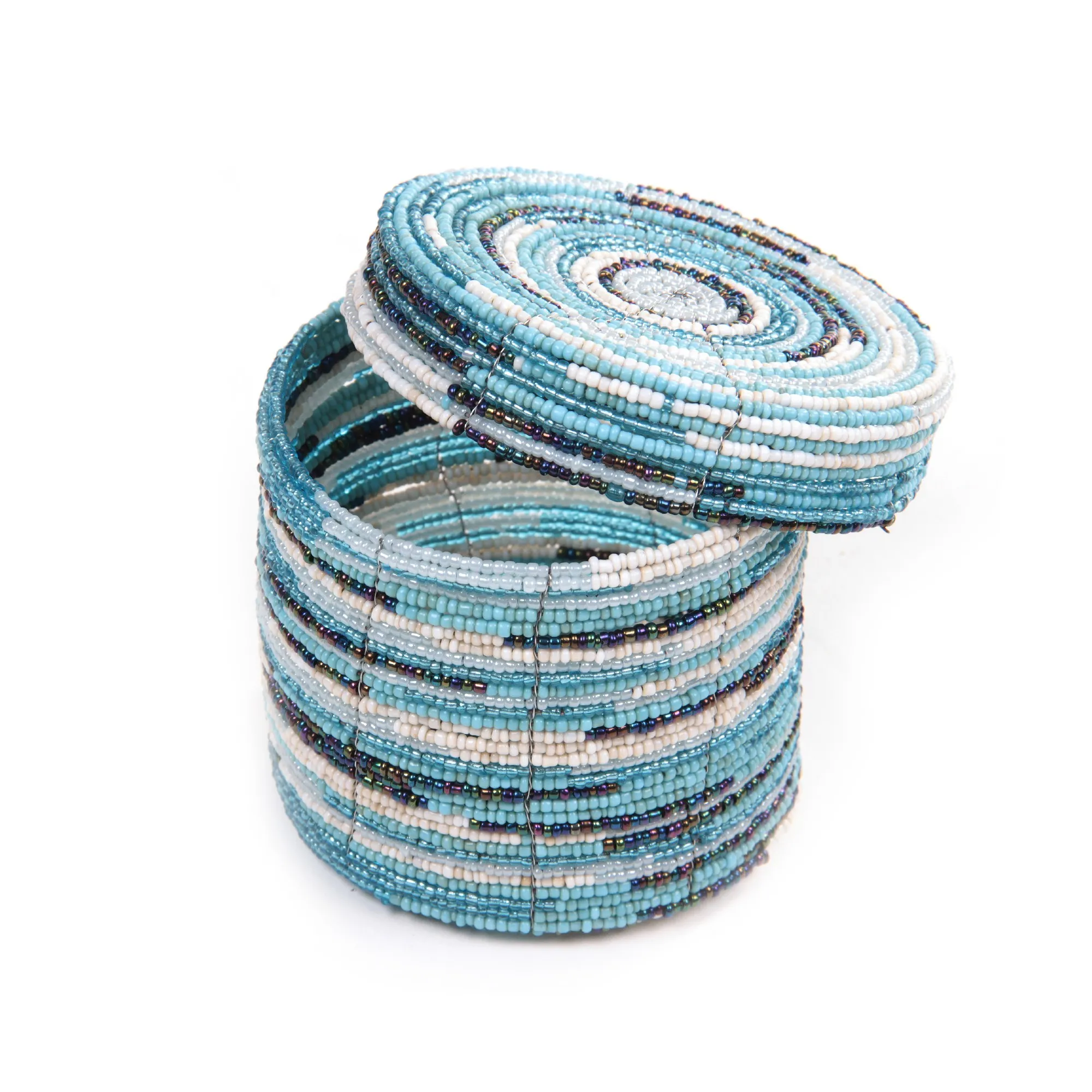 Deckelbehälter aus Glasperlen, blau-weiß, Ø 10 cm, H 10 cm