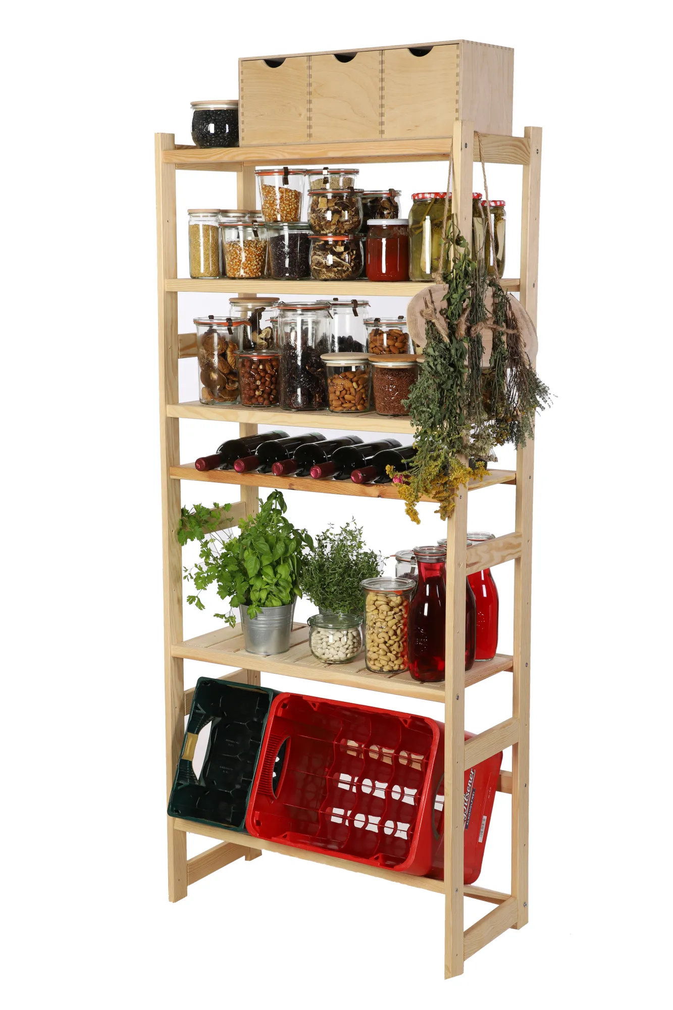 Getränkekisten- & Weinregal SPREEWALD | HxBxT 163x70x33cm | 6 Flaschen auf 1 Ebene + 1 Ebene für Kisten + 4 Ablagen | Massives Kiefernholz | Natur