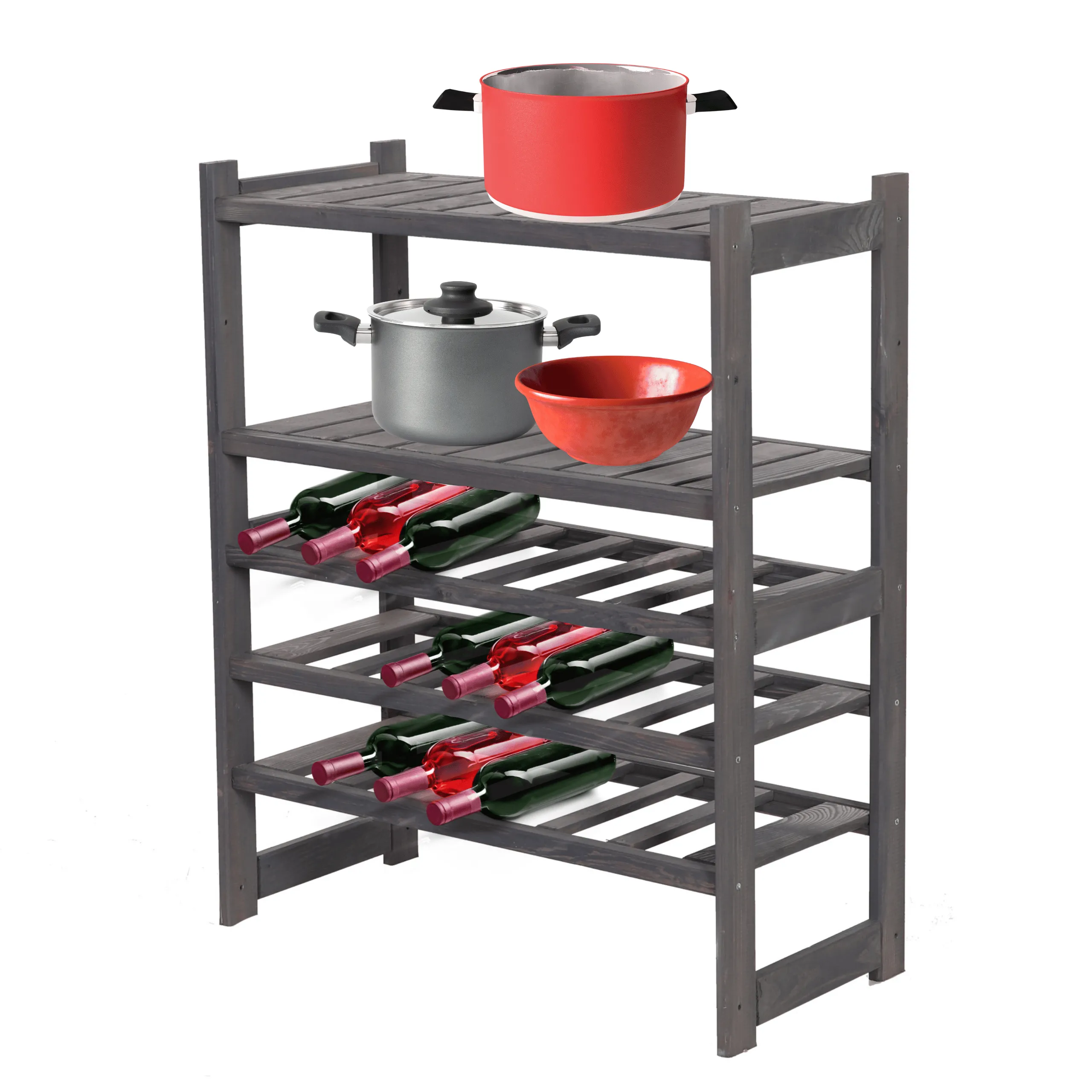 Weinregal SPREEWALD | HxBxT 86x70x33cm | 18 Flaschen auf 3 Ebenen + 2 Ablagen | Massives Kiefernholz | Grau geölt