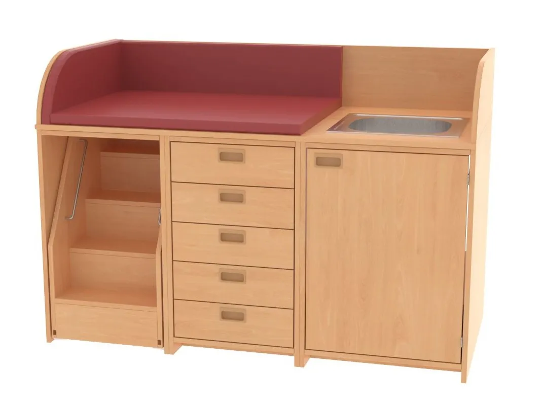 Baum & Hien Wickelkommode mit Waschbecken, 5 Schüben, Tür und ausziehbarer Treppe