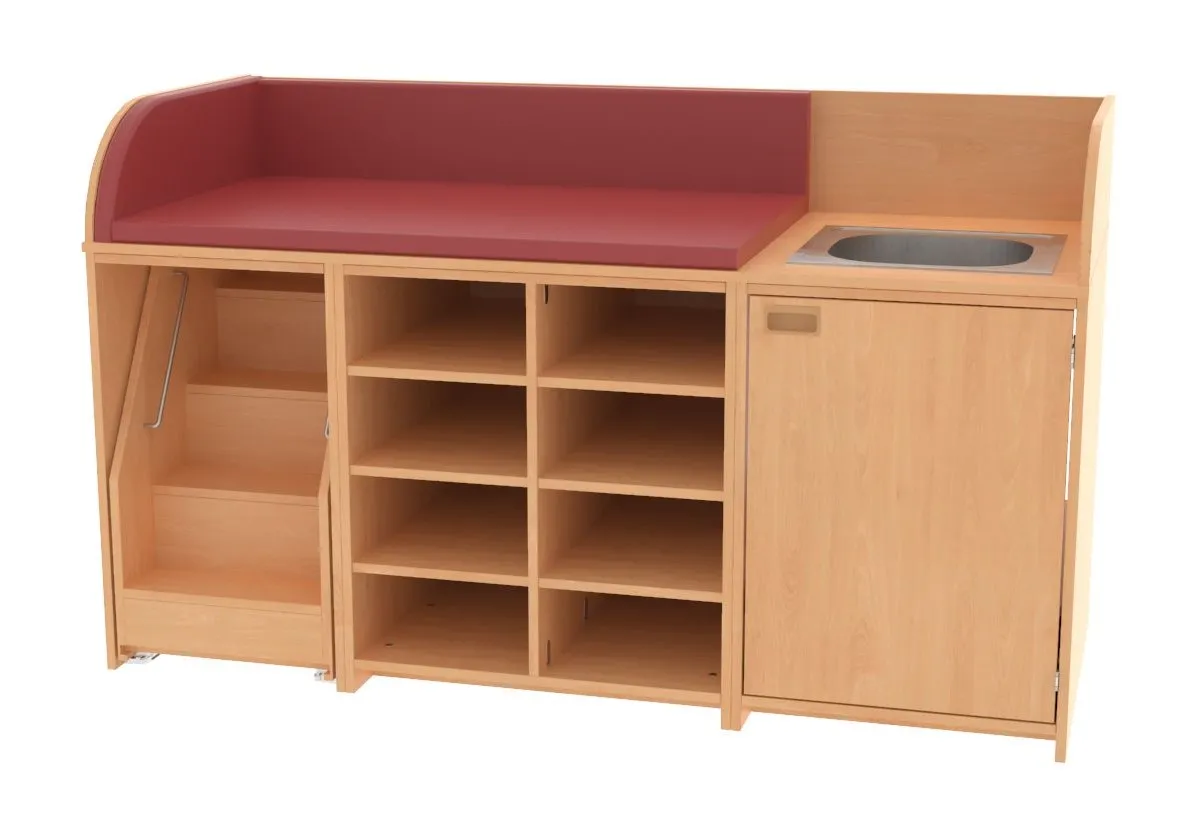 Baum & Hien Wickelkommode mit Waschbecken, 8 offenen Fächern, Tür und ausziehbarer Treppe