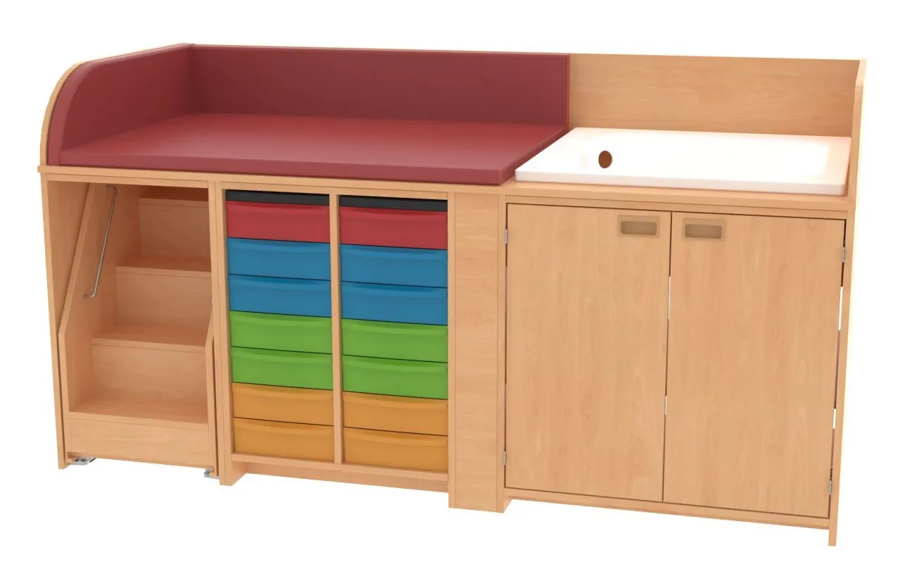 Baum & Hien Wickelkommode mit Duschwanne, 14 flachen Aufbewahrungsboxen, 2 Türen und ausziehbarer Treppe