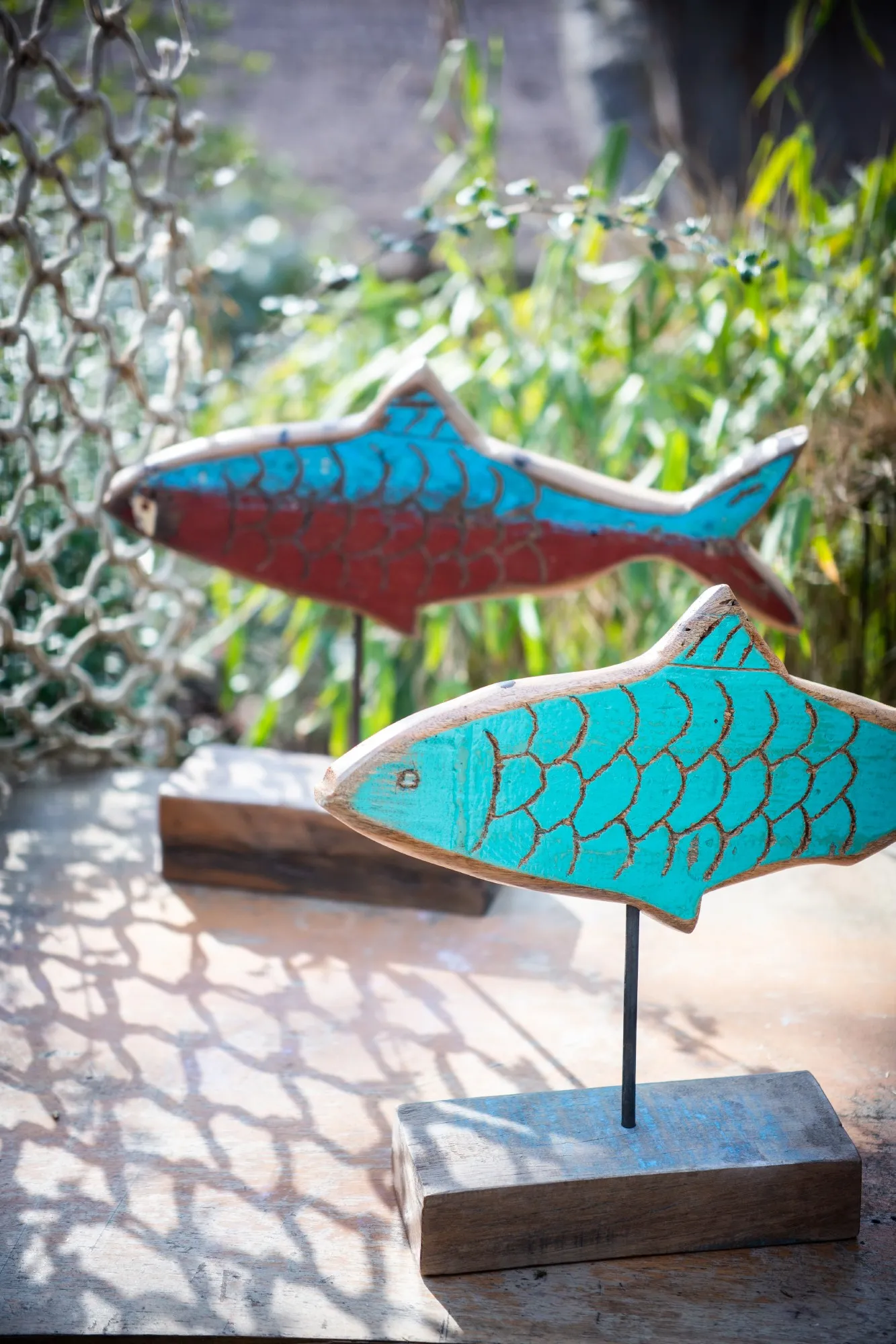 Fisch aus Bootsholz, blau, weiß, T 3 cm, B 20 cm, H 50 cm