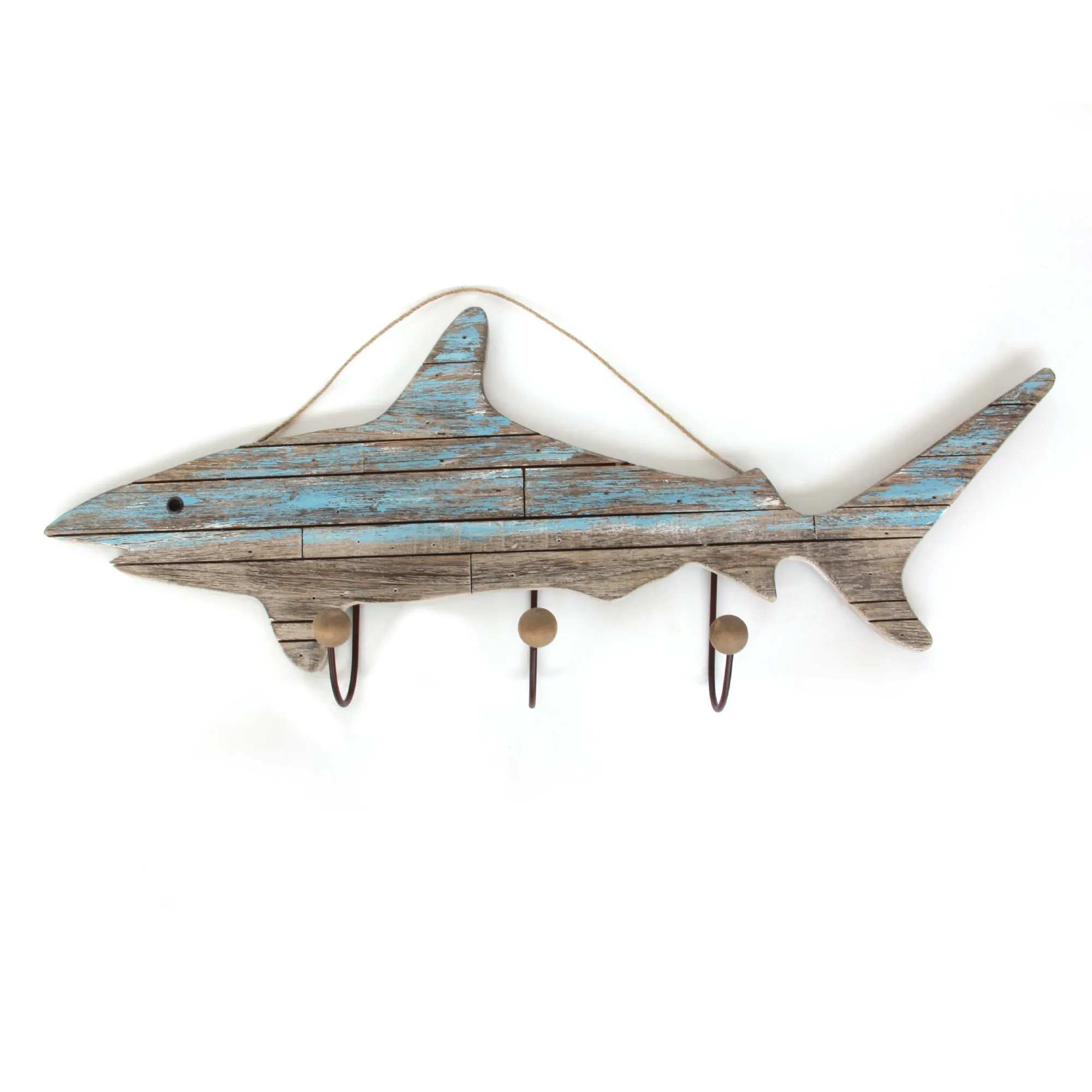 3er Hakenleiste 'Hai', natur, hellblau, B 86 cm, H 35 cm, T 10 cm