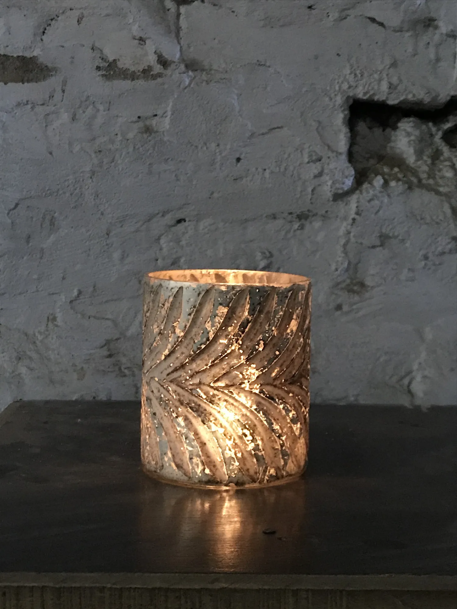 Windlicht 'Feder', antik silber, Ø 10 cm, H 12 cm
