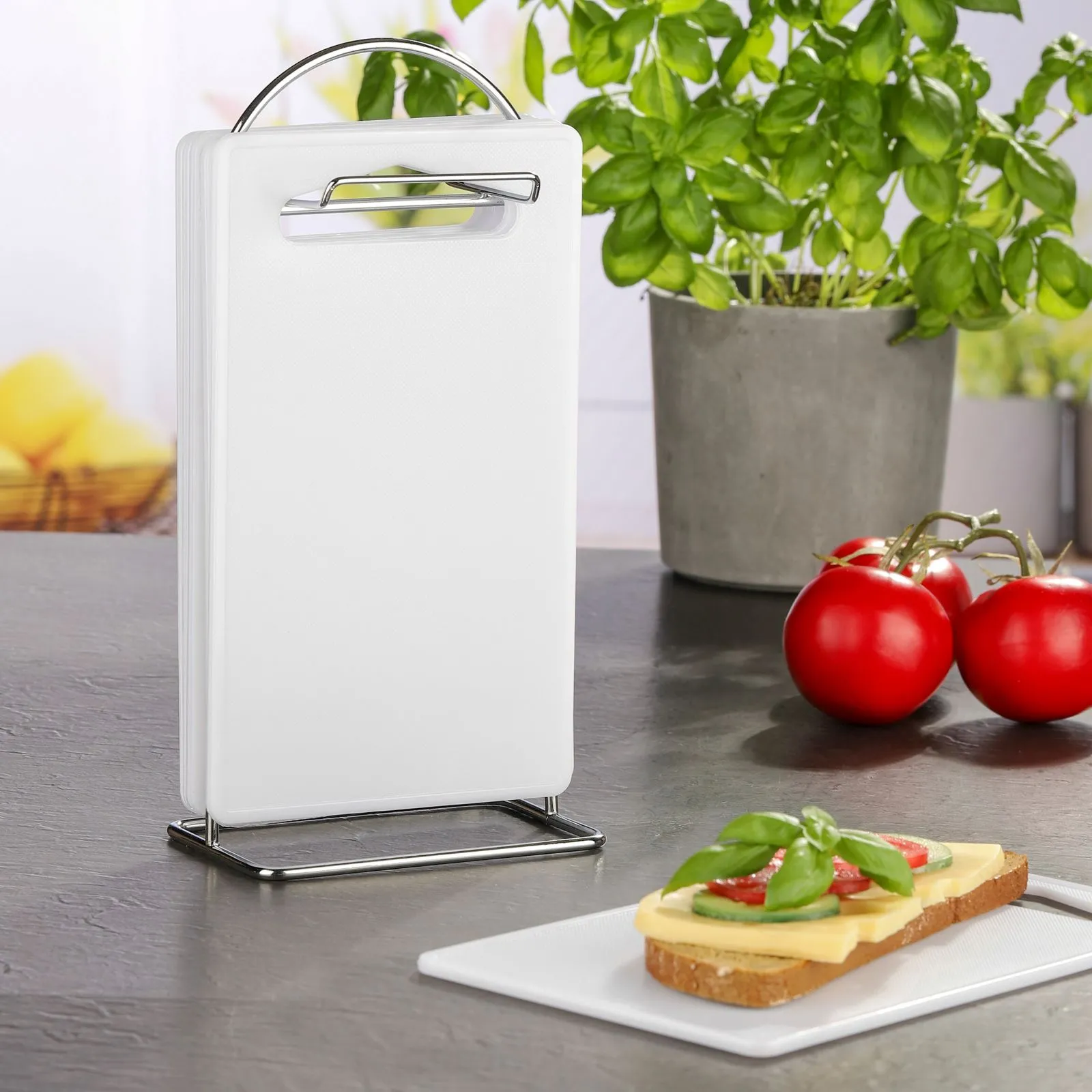 7-tlg. Frühstücksbretter + Chromständer