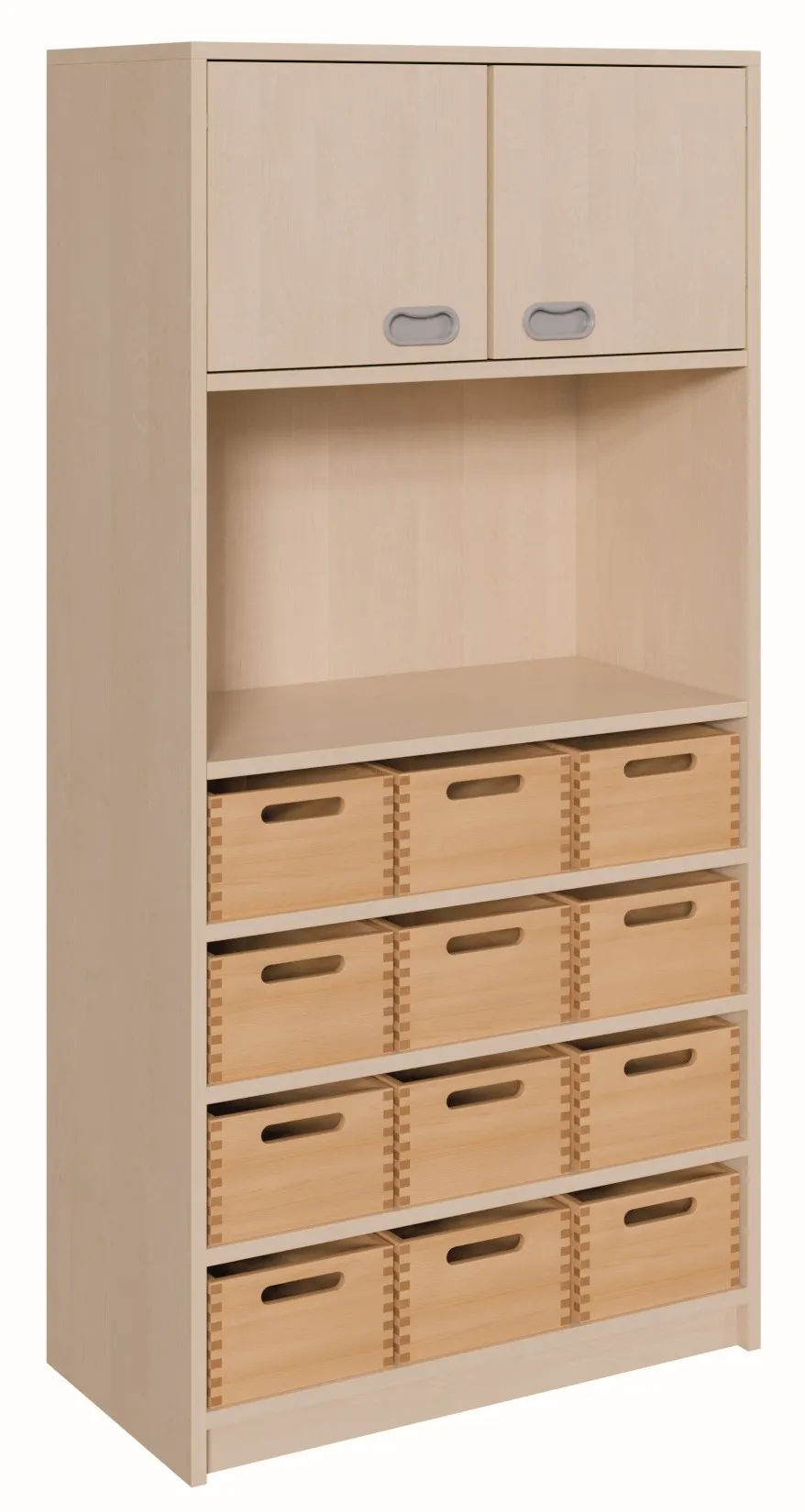 Schrank mit 12 Massivholzkästen und Oberschrank, Breite 78 cm