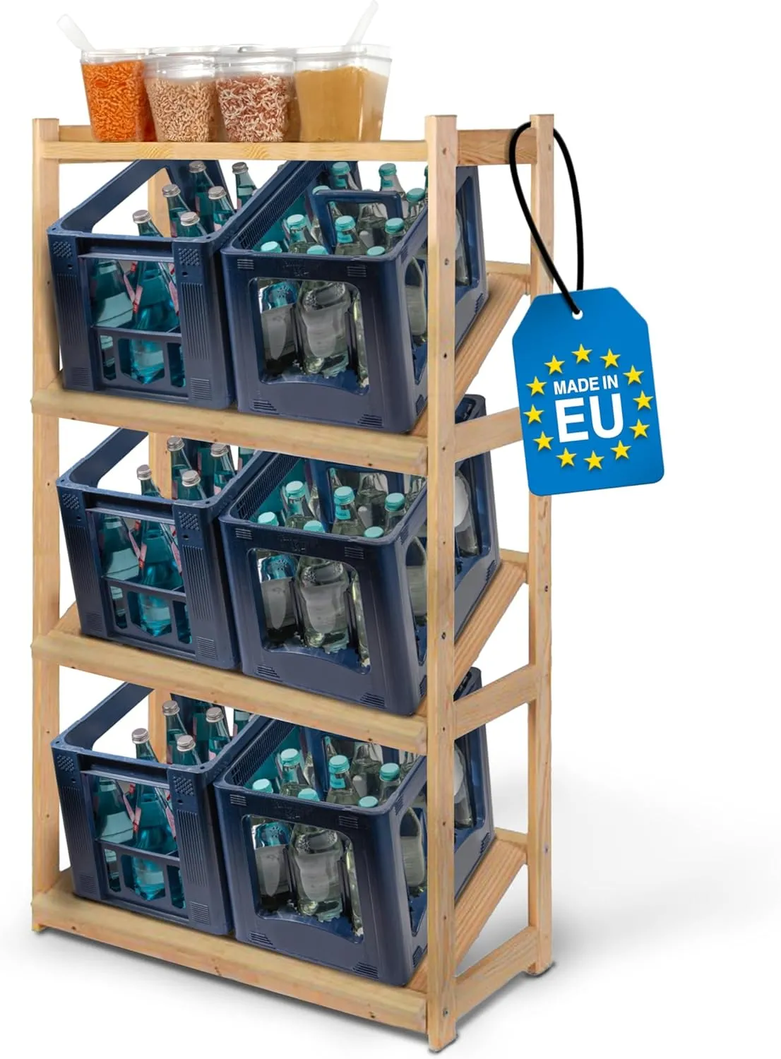 Getränkekistenregal SPREEWALD | HxBxT 163x70x33cm | 3 Ebenen für Kisten + Ablage | Massives Kiefernholz | Grau geölt