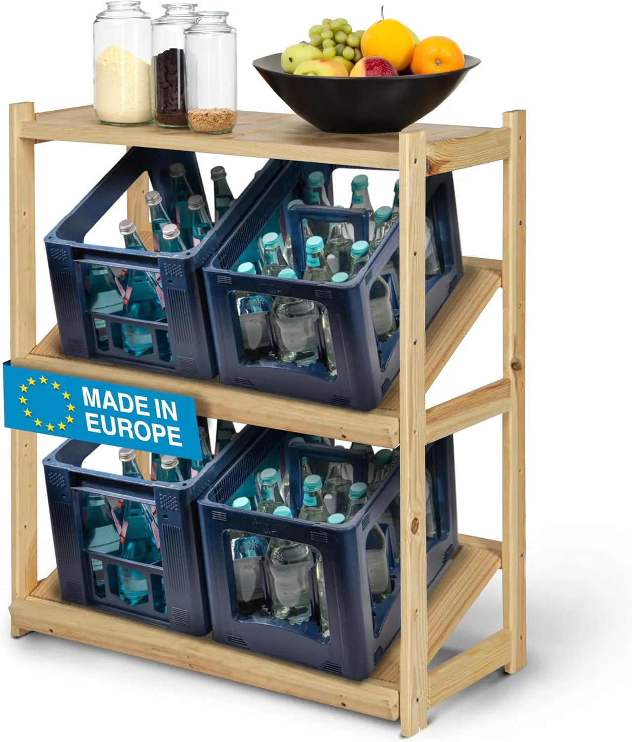 Getränkekistenregal SPREEWALD | HxBxT 112x70x33cm | 2 Ebenen für Kisten + Ablage | Massives Kiefernholz | Braun geölt