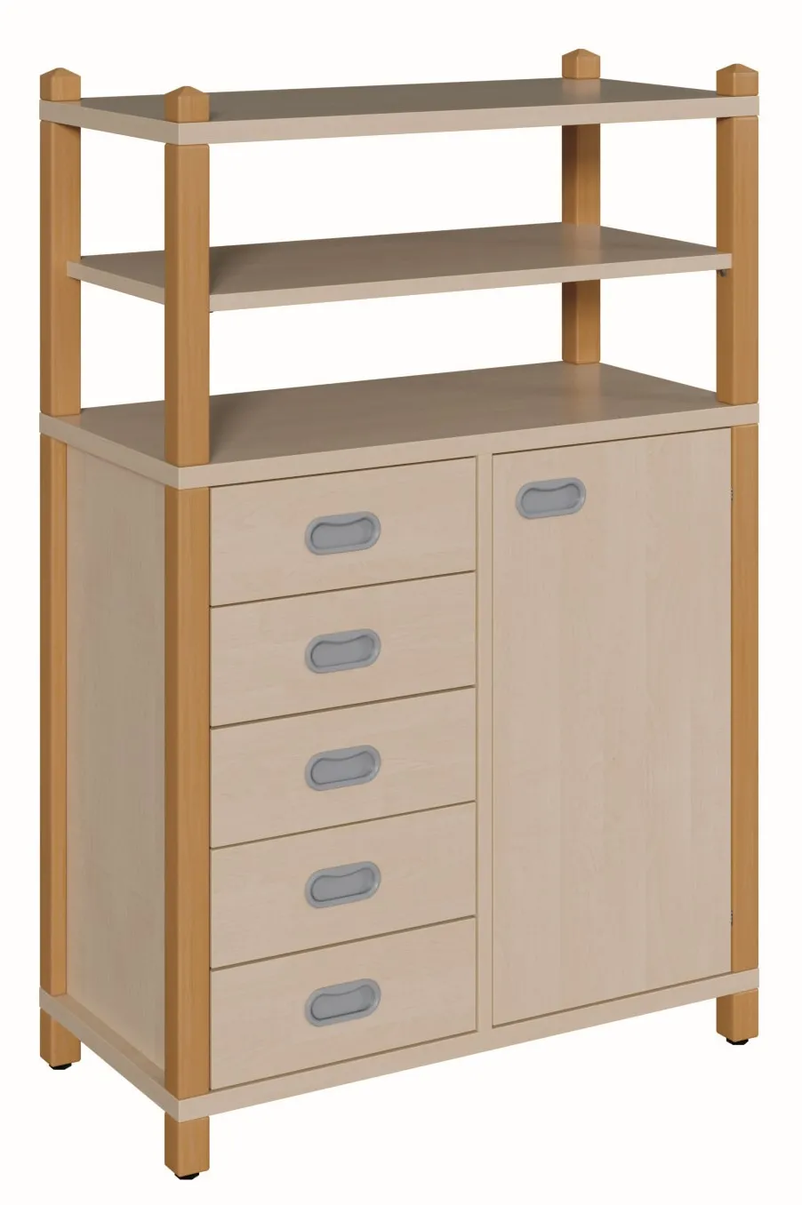 Stollenkommode mit fünf Dekorschüben, Tür und Aufsatz, Höhe: 120 cm