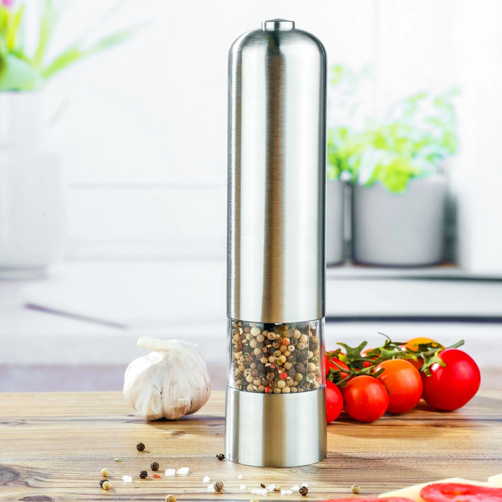 Elektr. Salz/Pfeffermühle Edelstahl rund