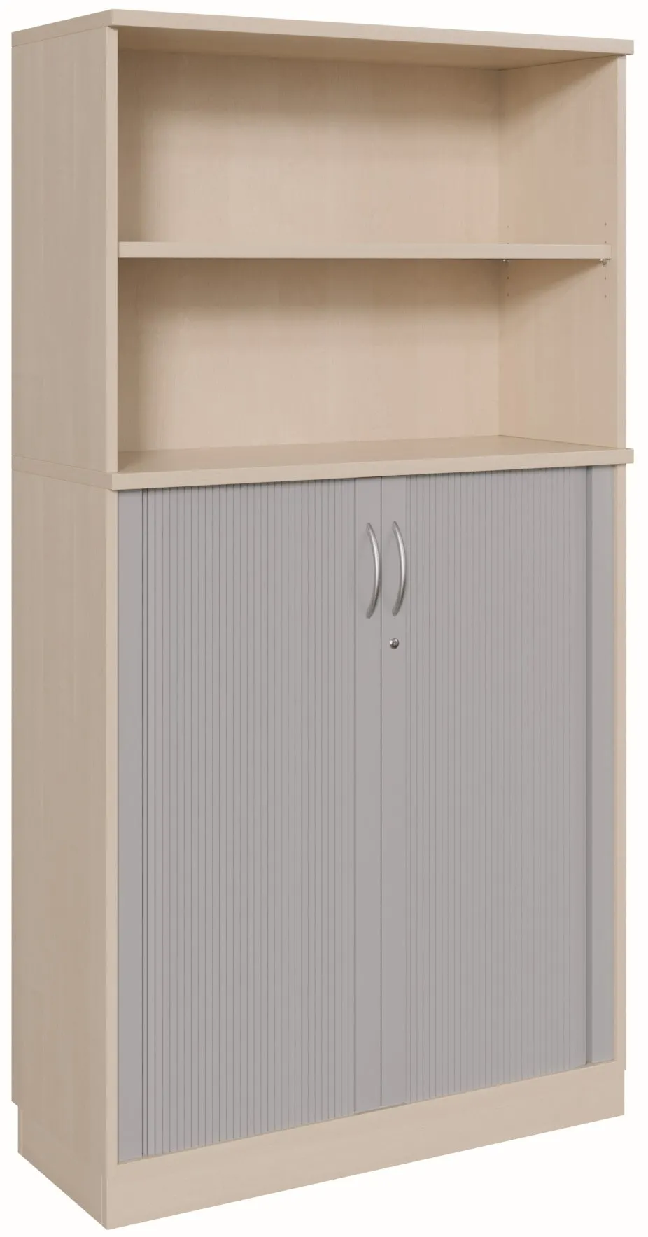 Verschließbarer Rollladenschrank mit 2 offenen Regalfächern