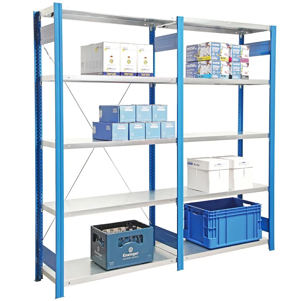 Fachbodenregal FALKE | Medium-Duty | Grundregal | HxBxT 200x88x30cm | 5 Ebenen | Fachlast 250kg | Einseitig nutzbar | Rahmen Enzianblau