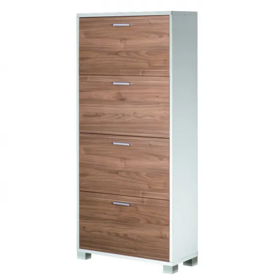 Schuhschrank mit 4 Türen in geringer Tiefe in Weiß und Nussbaum