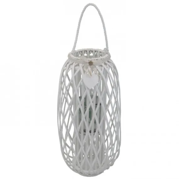 Weiße Laterne aus Korbgeflecht CAROLINE mit Spitzenband