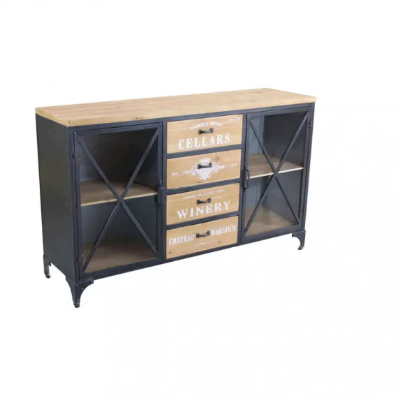 Industrielles Sideboard aus Metall und Holz FRASER mit Türen und Schubladen