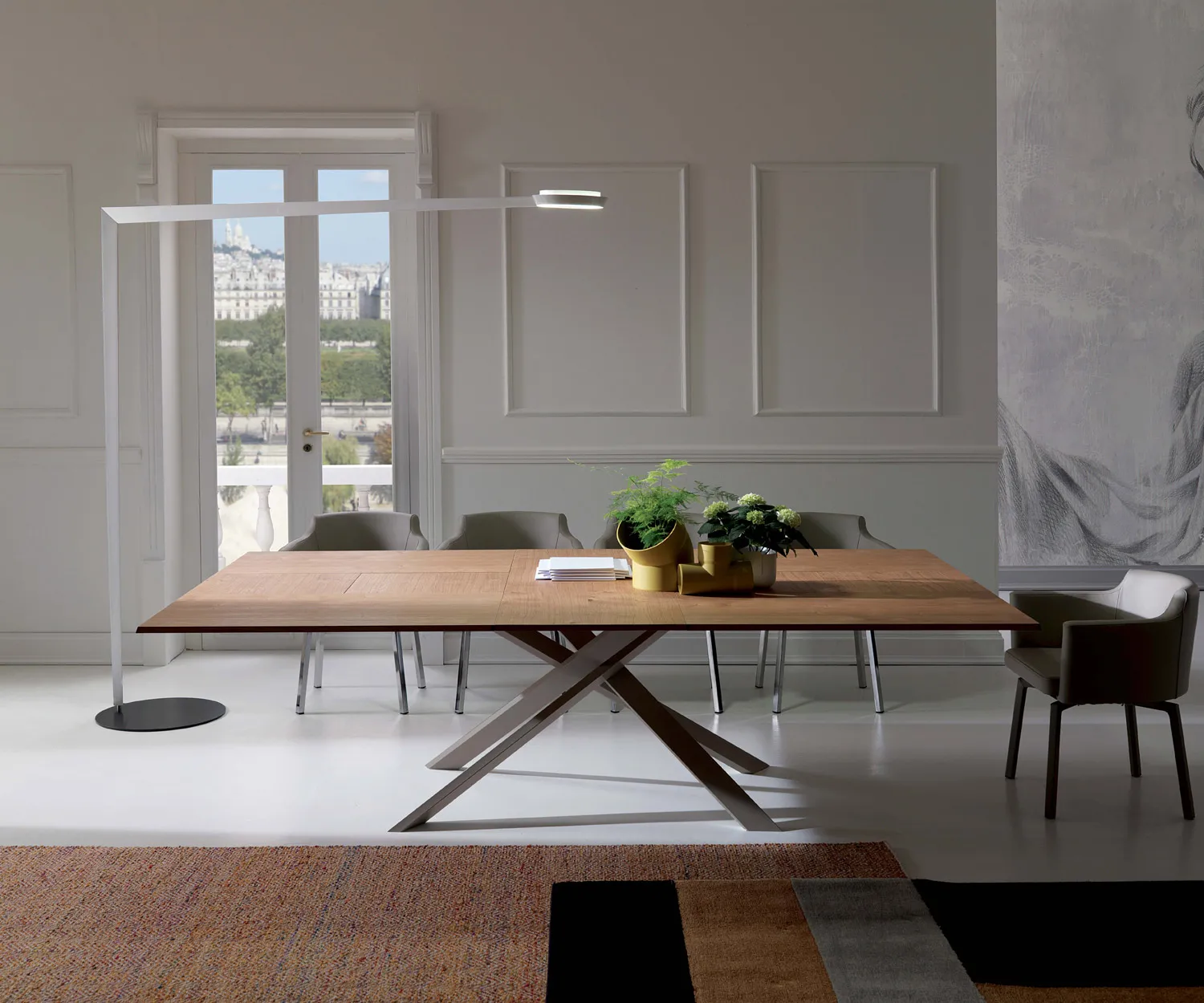 Ozzio 4x4  Eckiger Esstisch zum ausziehen mit Holzplatte