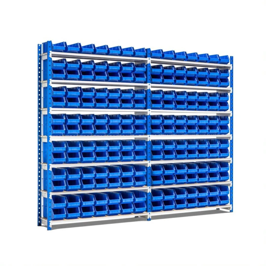 Fachbodenregal  MAXIMUS mit 182x Sichtlagerboxen à 4,6L | Fachlast 114kg | Komplettregal | HxBxT 200x250x30cm |  7 Ebenen | Lichtblau/Lichtgrau