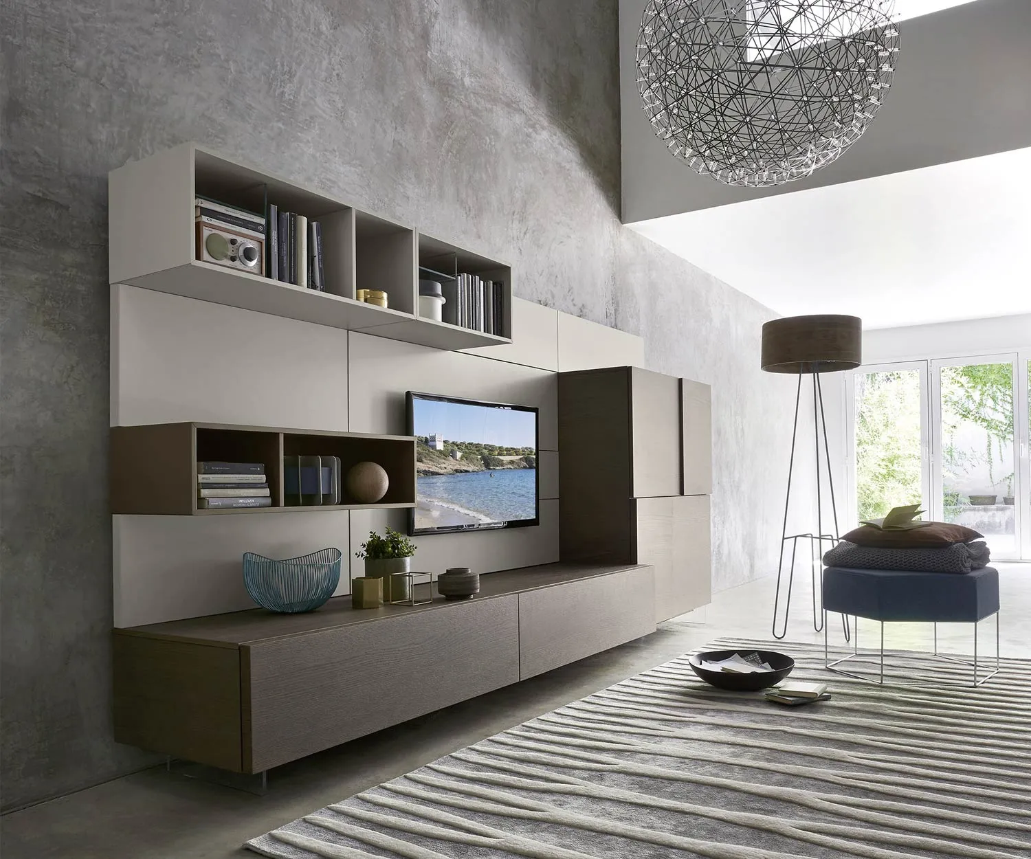 Livitalia Design Wohnwand C34 mit TV Paneel Highboard Eiche