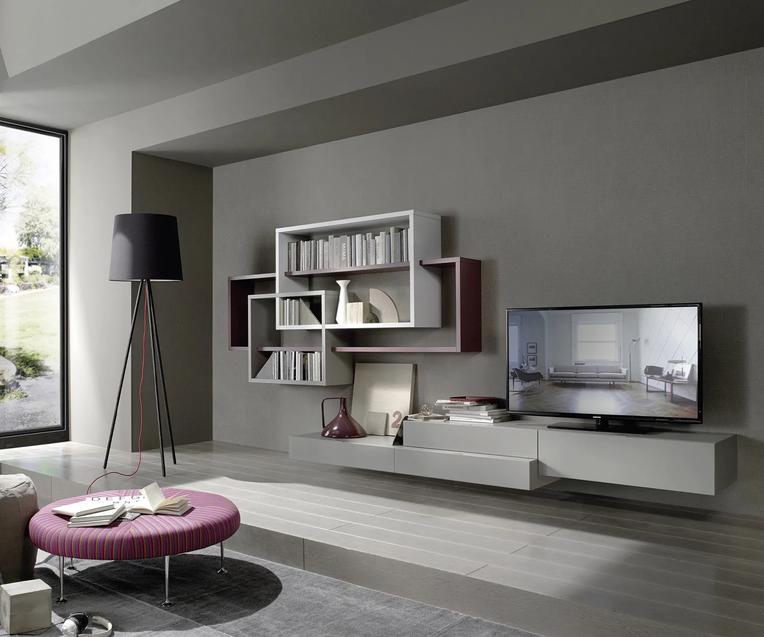 Livitalia hängende Design Wohnwand C59 mit Bücherregal