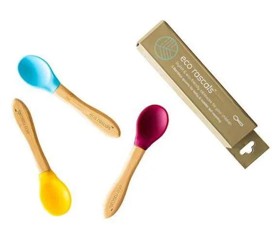 Ecorascals Satz von 3 Bambuslöffel mit Silikonhülle Blau Gelb Rot