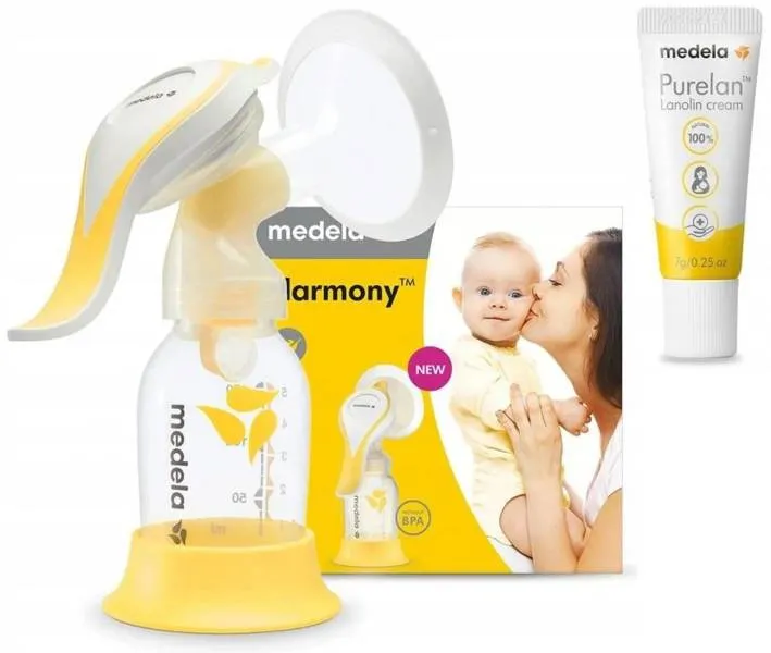 Medela Harmony Flex Manuelle Milchpumpe mit Basis-Zubehör-Set + GRATIS Purelan Lanolin Brustwarzensalbe