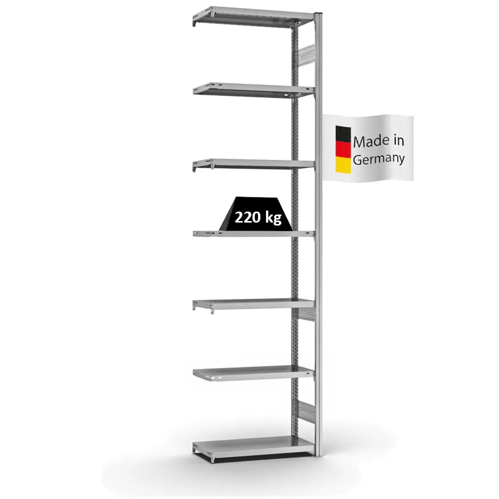 Fachbodenregal Stecksystem T-Profil | Anbauregal | HxBxT 300x75x30cm | 7 Ebenen | Fachlast 220 kg | Beidseitig nutzbar | Verzinkt