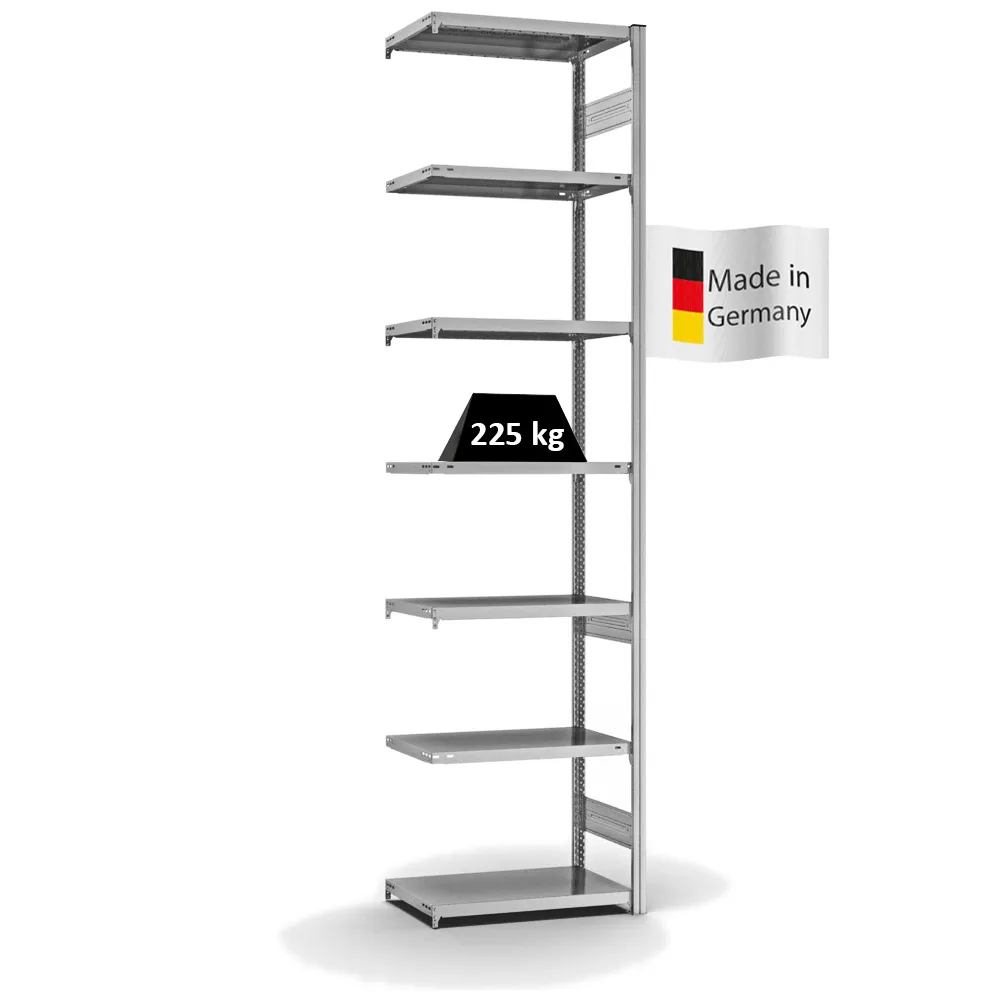 Fachbodenregal Stecksystem T-Profil | Anbauregal | HxBxT 300x75x40cm | 7 Ebenen | Fachlast 225 kg | Beidseitig nutzbar | Verzinkt