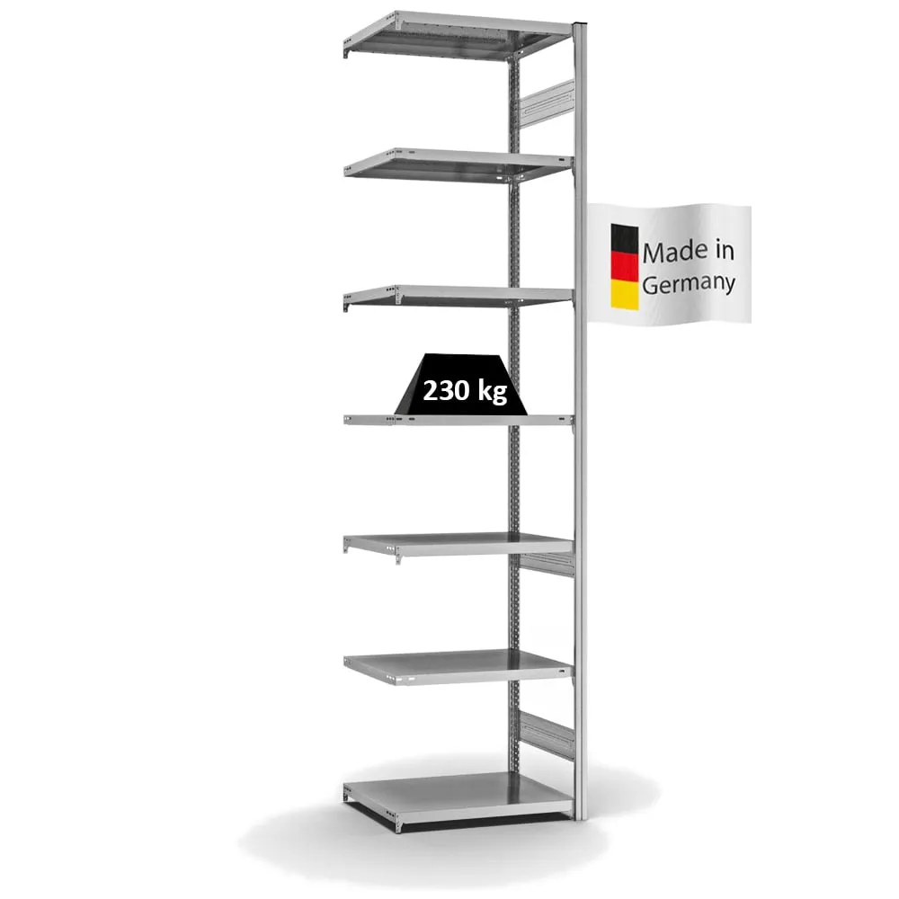 Fachbodenregal Stecksystem T-Profil | Anbauregal | HxBxT 300x75x50cm | 7 Ebenen | Fachlast 230 kg | Beidseitig nutzbar | Verzinkt