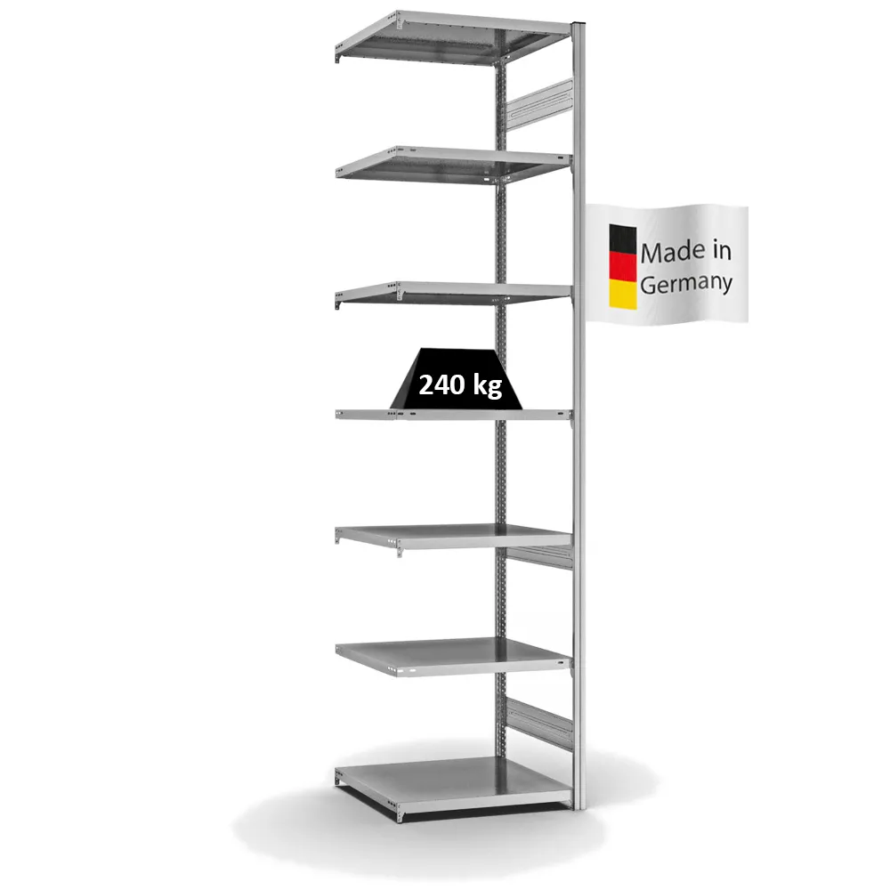 Fachbodenregal Stecksystem T-Profil | Anbauregal | HxBxT 300x75x60cm | 7 Ebenen | Fachlast 240 kg | Beidseitig nutzbar | Verzinkt