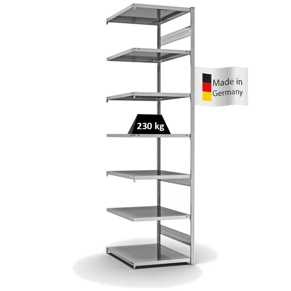 Fachbodenregal Stecksystem T-Profil | Anbauregal | HxBxT 300x75x80cm | 7 Ebenen | Fachlast 230 kg | Beidseitig nutzbar | Verzinkt