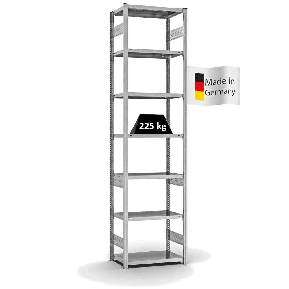 Fachbodenregal Stecksystem T-Profil | Grundregal | HxBxT 300x75x40cm | 7 Ebenen | Fachlast 225 kg | Beidseitig nutzbar | Verzinkt