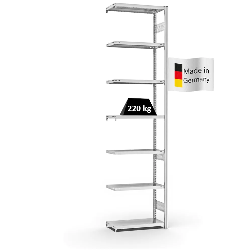 Fachbodenregal Stecksystem T-Profil | Anbauregal | HxBxT 300x75x30cm | 7 Ebenen | Fachlast 220 kg | Beidseitig nutzbar | Lichtgrau