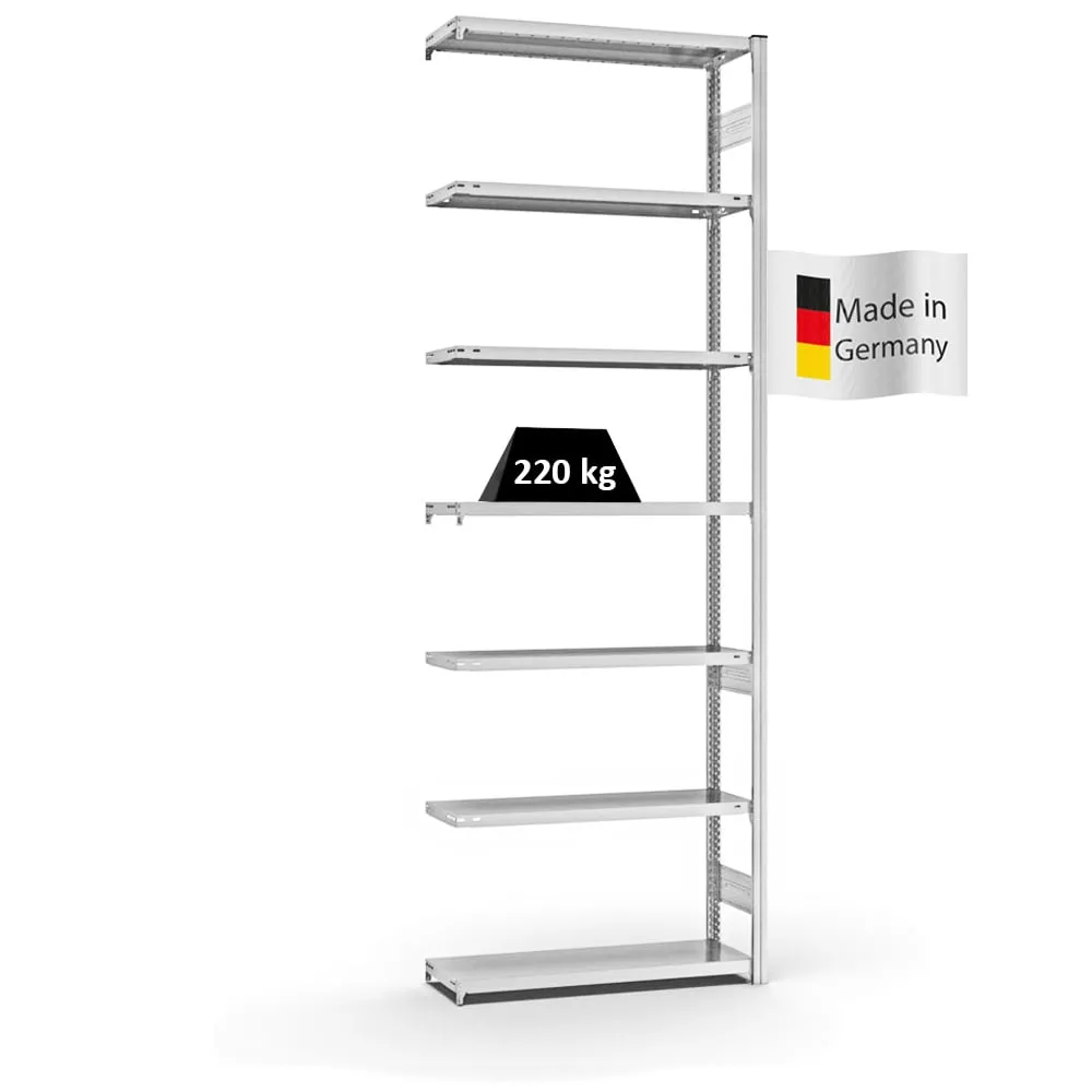 Fachbodenregal Stecksystem T-Profil | Anbauregal | HxBxT 300x100x30cm | 7 Ebenen | Fachlast 220 kg | Beidseitig nutzbar | Lichtgrau