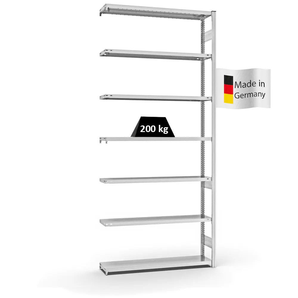 Fachbodenregal Stecksystem T-Profil | Anbauregal | HxBxT 300x130x30cm | 7 Ebenen | Fachlast 200 kg | Beidseitig nutzbar | Lichtgrau