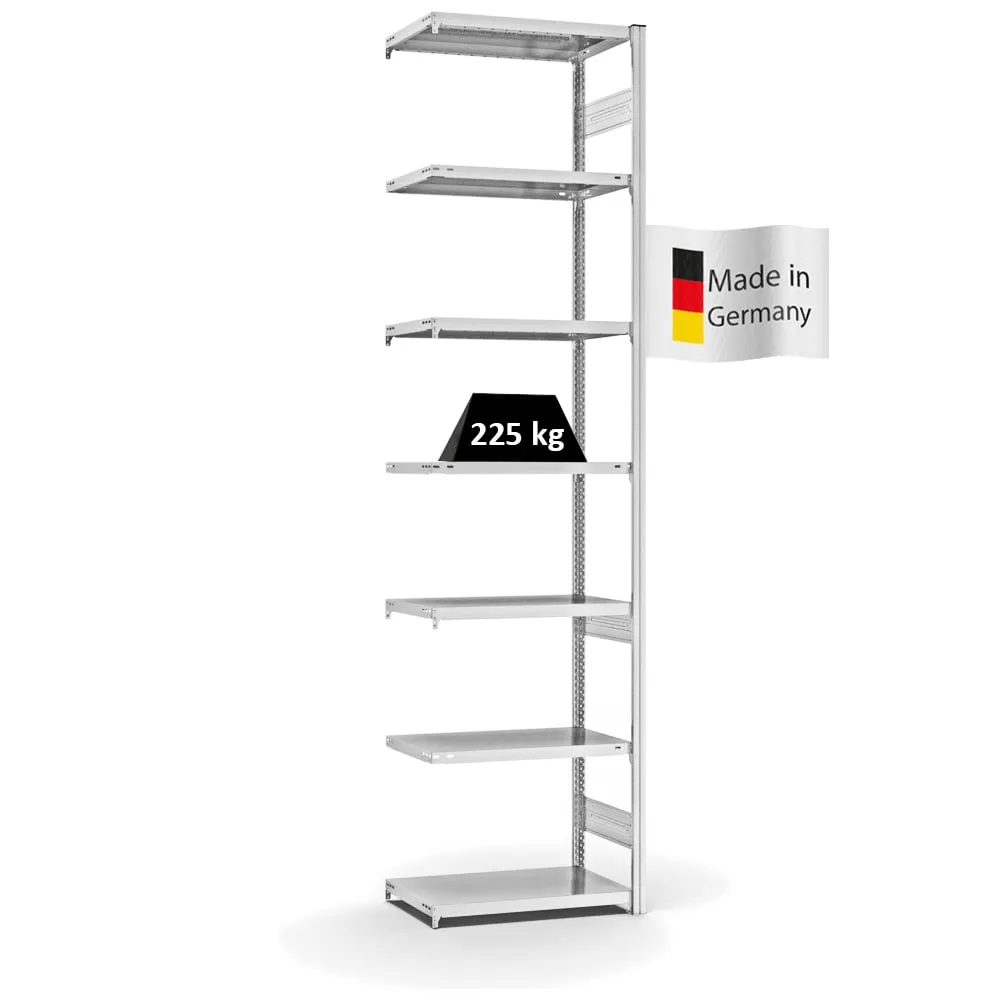 Fachbodenregal Stecksystem T-Profil | Anbauregal | HxBxT 300x75x40cm | 7 Ebenen | Fachlast 225 kg | Beidseitig nutzbar | Lichtgrau
