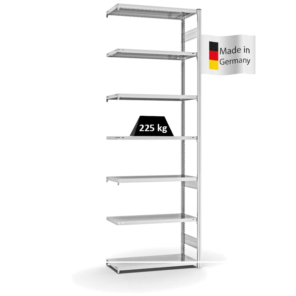 Fachbodenregal Stecksystem T-Profil | Anbauregal | HxBxT 300x100x40cm | 7 Ebenen | Fachlast 225 kg | Beidseitig nutzbar | Lichtgrau