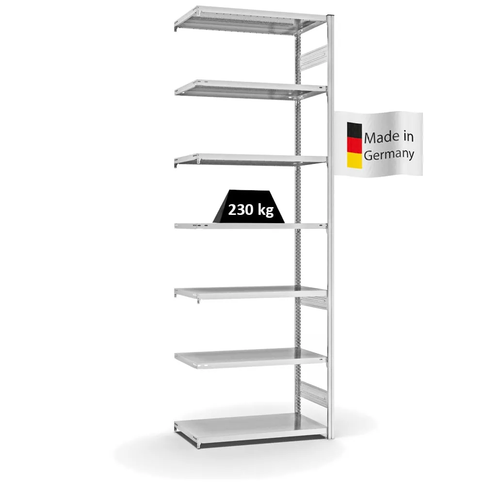 Fachbodenregal Stecksystem T-Profil | Anbauregal | HxBxT 300x100x50cm | 7 Ebenen | Fachlast 230 kg | Beidseitig nutzbar | Lichtgrau