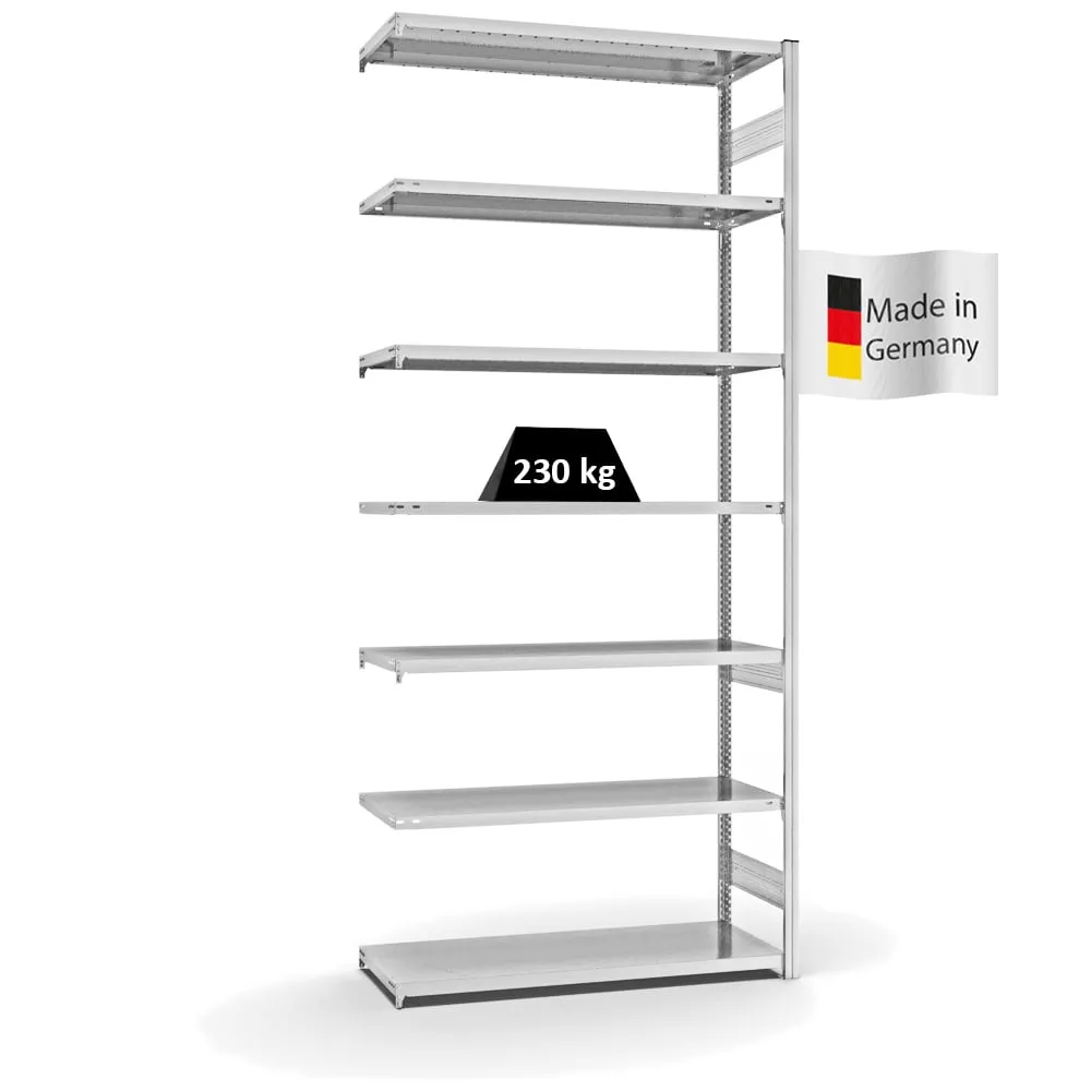 Fachbodenregal Stecksystem T-Profil | Anbauregal | HxBxT 300x130x50cm | 7 Ebenen | Fachlast 230 kg | Beidseitig nutzbar | Lichtgrau