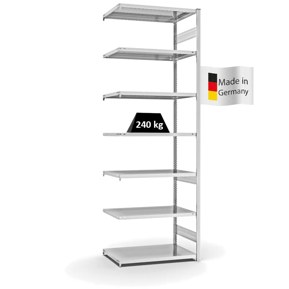 Fachbodenregal Stecksystem T-Profil | Anbauregal | HxBxT 300x100x60cm | 7 Ebenen | Fachlast 240 kg | Beidseitig nutzbar | Lichtgrau