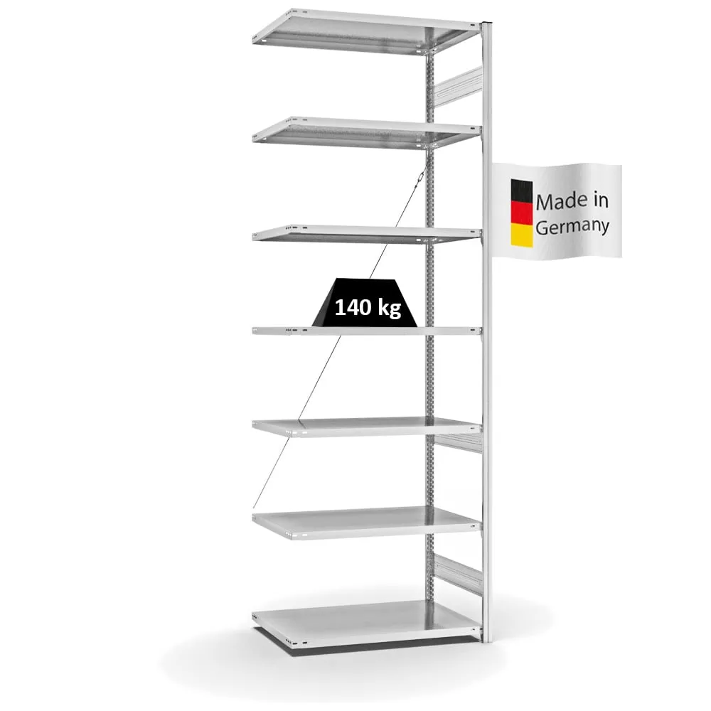 Fachbodenregal Stecksystem T-Profil | Anbauregal | HxBxT 300x100x60cm | 7 Ebenen | Fachlast 140 kg | Einseitig nutzbar | Lichtgrau