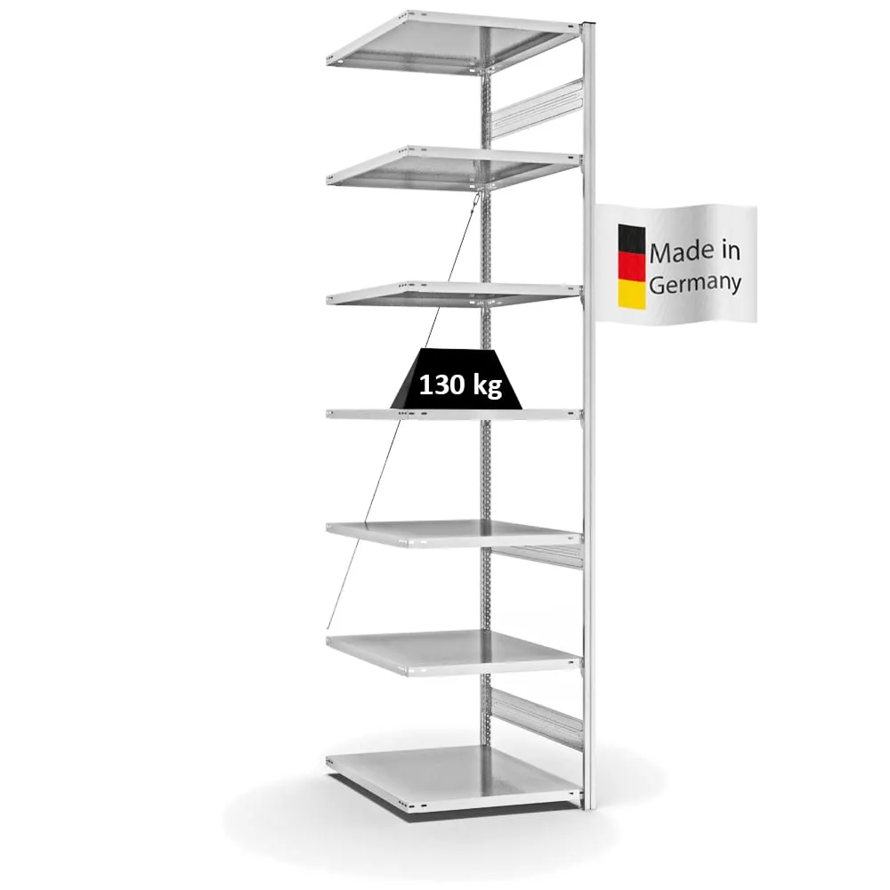 Fachbodenregal Stecksystem T-Profil | Anbauregal | HxBxT 300x75x80cm | 7 Ebenen | Fachlast 130 kg | Einseitig nutzbar | Lichtgrau