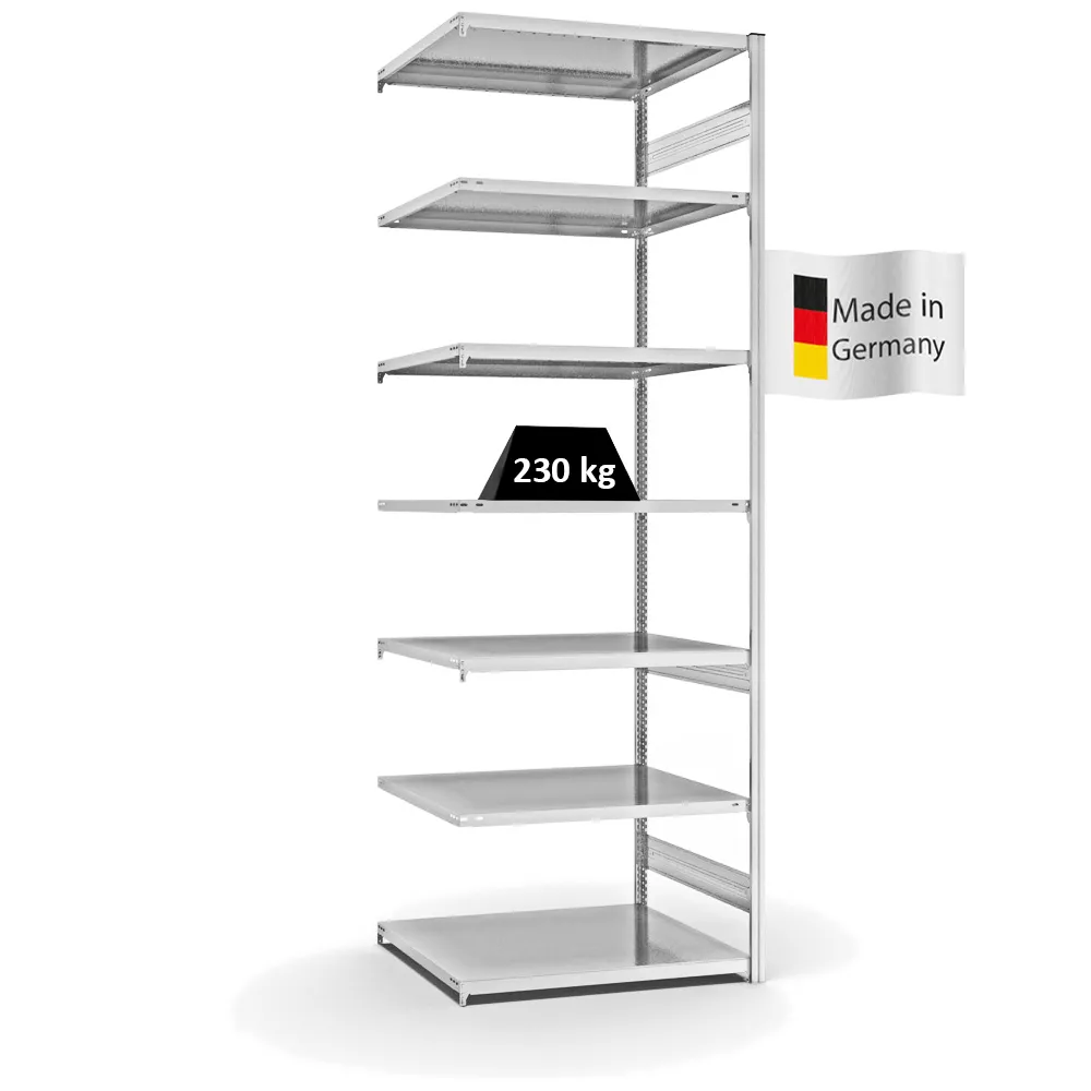 Fachbodenregal Stecksystem T-Profil | Anbauregal | HxBxT 300x100x80cm | 7 Ebenen | Fachlast 230 kg | Beidseitig nutzbar | Lichtgrau